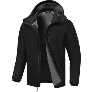 Pursky Men's Softshell Jacket Waterproof Fleece Lined Windbreaker With Removable Hood Lightweight Tactical Jacket (Medium, Black)