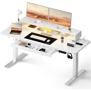 GTPLAYER Electric Standing Desk with Drawers, 55 x 24 Inch Height Adjustable Gaming Desk with Monitor Stand, Power Outlets & LED Lights, Home Office Sit Stand Up Desk with Memory Preset (White)