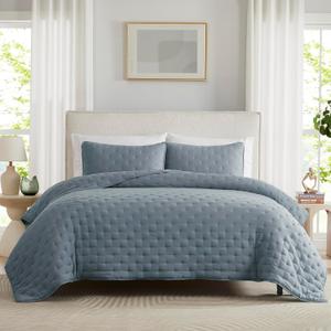 WDCOZY Dusty Blue Cloud California Cal King Size Quilt Bedding Sets with Pillow Shams, Oversized Puffy Cozy Lightweight Bedspread Coverlet, Soft Cute Bed Cover for All Season - 3 Pieces