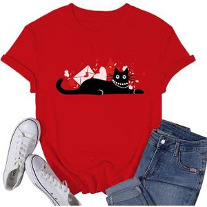 VQD Women's Valentine's Day Shirt Cat Valentine Black Cat T-Shirts Love Heart Lover Girlfriend Tee Tops, M