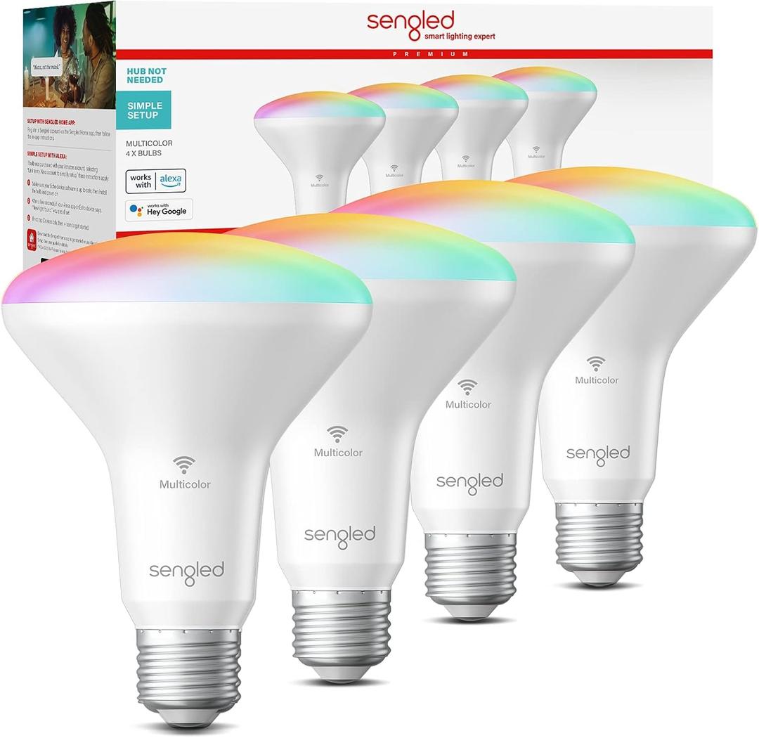 Sengled Smart Bulbs, BR30 Smart WiFi Flood Light Bulb That Work with Alexa Google, E26 Base, CRI>90, 650LM (65W Equivalent), Dimmable Color Light Bulbs, 2.4GHz WiFi Only, No Hub Required, 4 Pack (Full Color (16 Millions))
