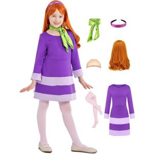 Daphne Costume Dress Kids Girls Halloween Costume Deluxe Cosplay Outfits Wig Scarf Headband Stockings Accessories (3-4 Years)