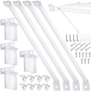 Hicarer 16 Pcs Wire Shelf Support Brackets Kit for 16 Inch, Include 4 Mental Closet Support Brace 8 White Down Wall Clips and 4 Wire Shelf End Brackets with Screws for Wardrobe
