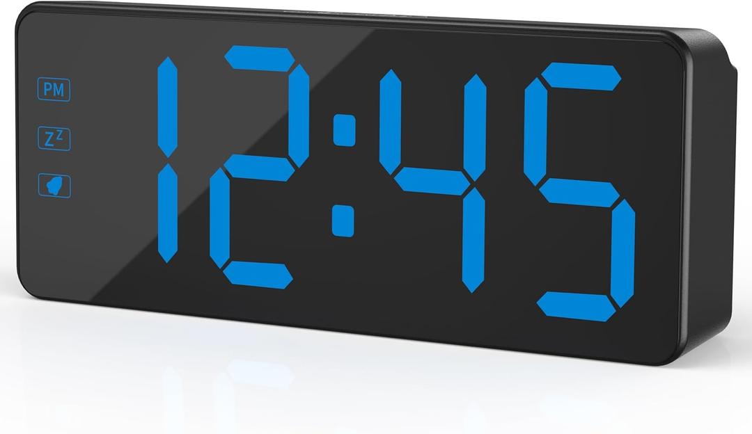 KWANWA Digital Alarm Clock with 3-Level Dimmer & Battery Backup | 2.4" Jumbo LED Display, Auto Night Mode, 7-Min Snooze, Dual Power (UL Adapter + 59in Cord) | Compact for Bedroom, Travel, Office (Black Case-blue Led)