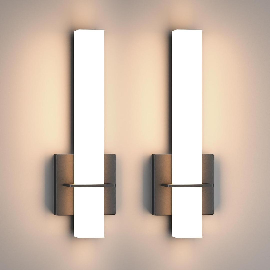 Modern LED Wall Sconces Set of Two,18W 3000K Dimmable LED Sconces Wall Lighting,Bathroom Vanity Light Fixture Acrylic Shade,Hardwired Wall Light Fixtures for Living Room Bedroom Hallway(Black) (2-Pack)