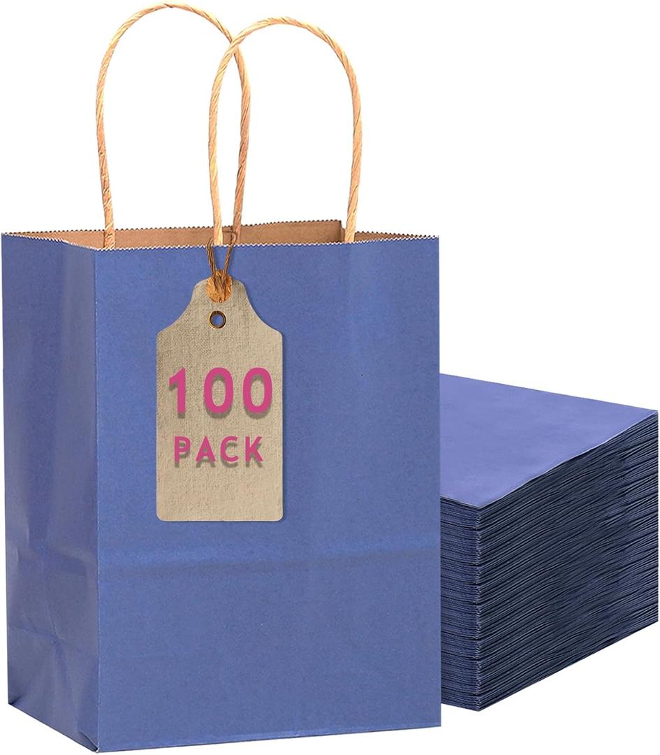 qiqee 100PCS Gift Bag with Handles Bulk Kraft Deep Blue Paper Bags Multiple Uses (11"x5"x8"inch Medium Size)