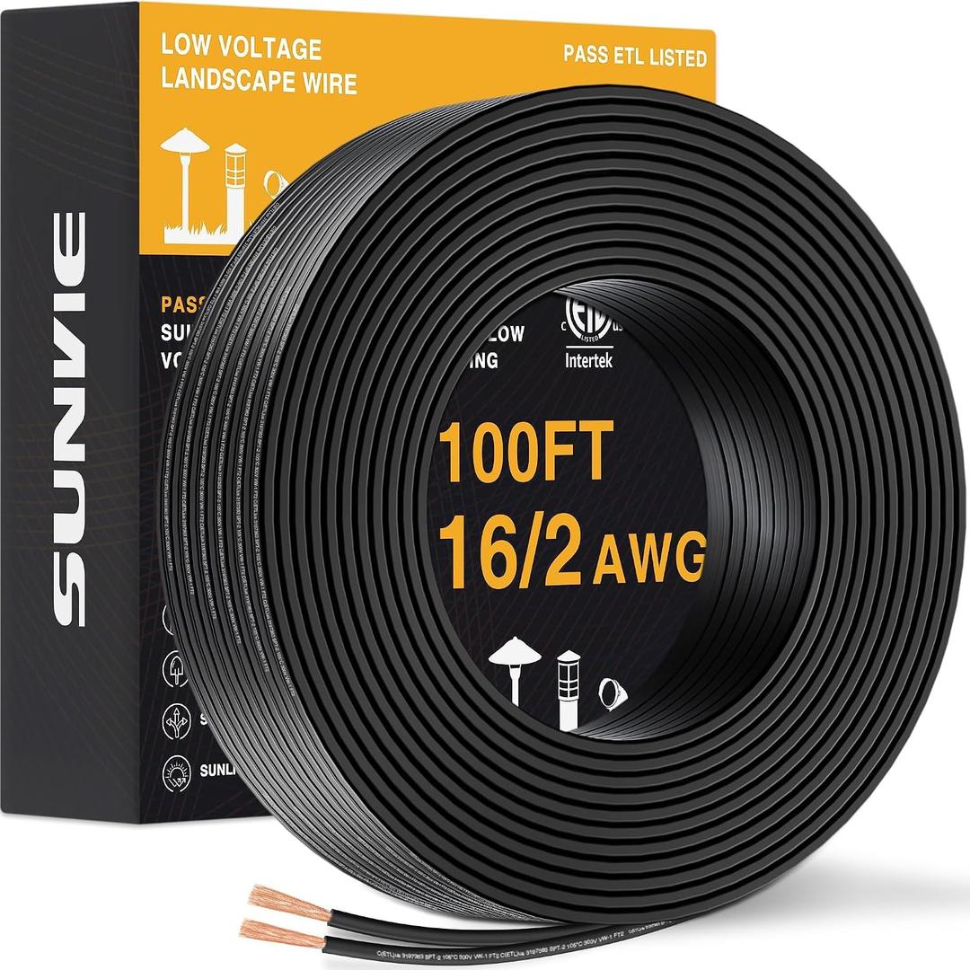 SUNVIE 100FT 16/2 Low Voltage Landscape Wire, 16 Gauge Low Voltage Stranded Copper Wire, 16 AWG 2 Conductor Electric Wire Direct Burial Lamp Wire for Landscape Lighting Wire, ETL Listed, Black