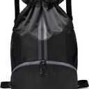 Black Drawstring Gym Bag for Men, Waterproof Drawstring Backpack for Women, Swim Bag with Shoes Compartment, Pull String Sport Bag for Soccer and Basketball.