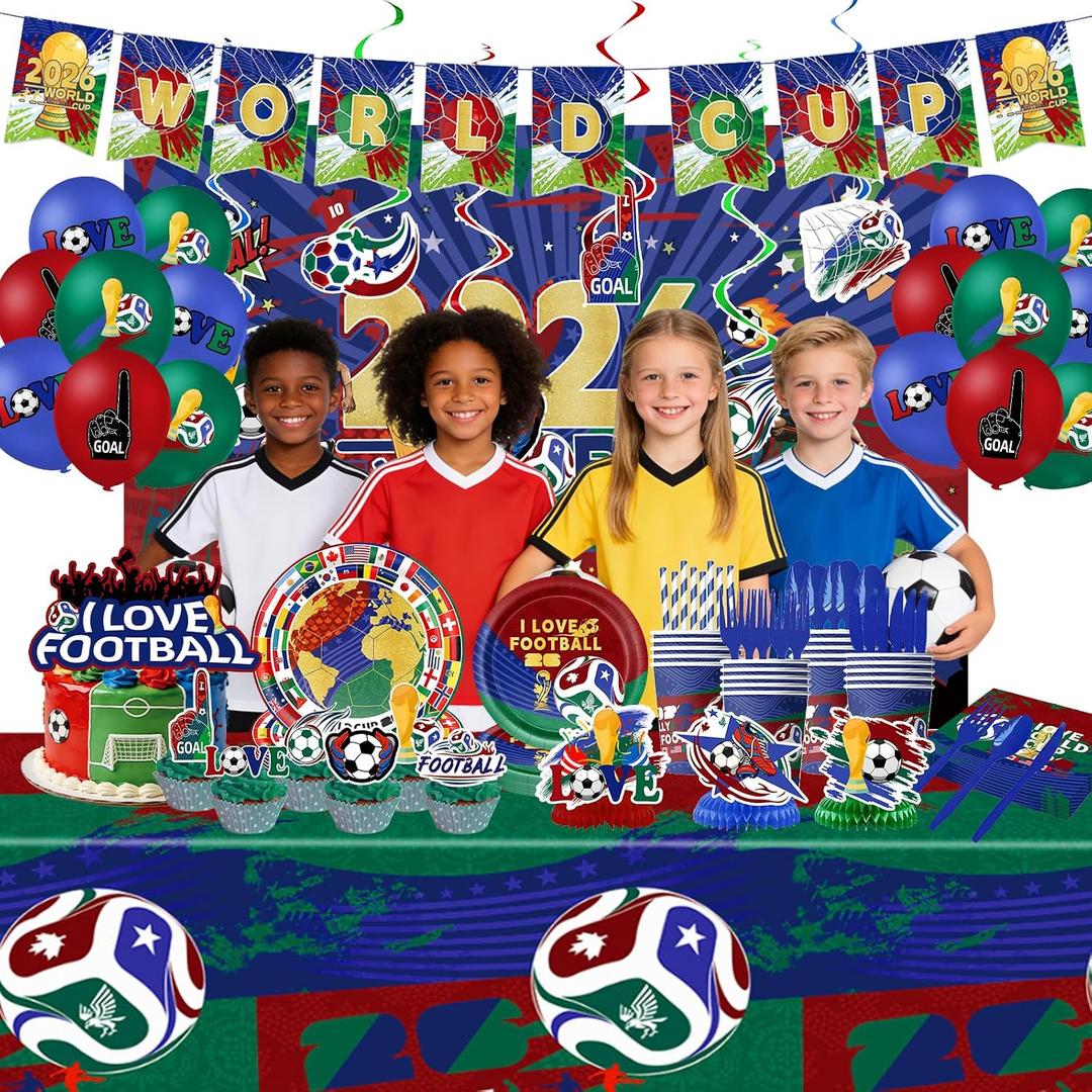 2026 Soccer Birthday Party Decorations Set,154PCS Soccer Theme Party Supplies for Kids Adults, Includes Banner, Balloons, Plates, Cups, Napkins, Tablecloth & Hanging Swirls (Serve 10)