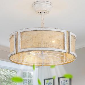 20" Boho Ceiling Fans with Lights, Rattan Fandelier Ceiling Fan with Light Remote Control with Caged 6 Speeds for Bedroom, Nursery, Living Room