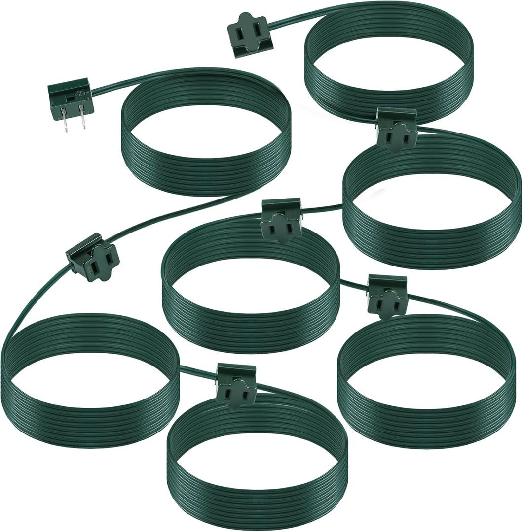 Kanayu 18 ft Christmas Light Extension Cord with SPT-1 Male and Female Plug Green Electrical Wire with 7 Vampire Plugs for Indoor Outdoor Christmas Lighting