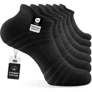 CS CELERSPORT 6 Pack Athletic Running Ankle Socks, Cotton Low Cut Cushioned Anti-Blister Tab Sports Socks Men Women (Black, L)