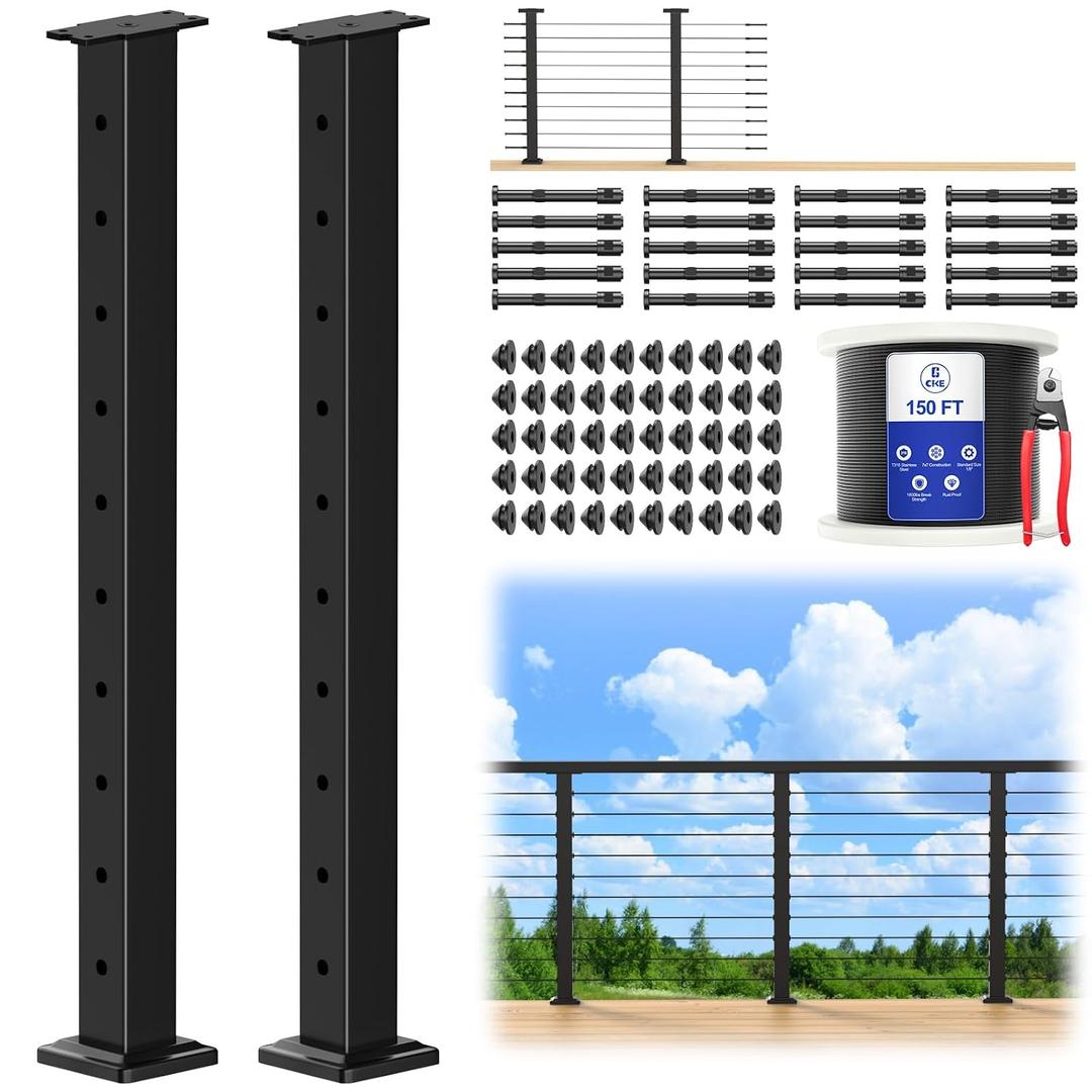 CKE 5ft-10ft Complete Set 36" Cable Railing Post Kit, 2Pack Black Level Drilled Line Posts(35"x2"x2"), Swageless Deck Cable Railing System Kit, 150ft 1/8" Wire Rope(No Handrail), Black Post Kit LPS02