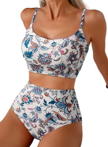 Herseas 2 Piece High Waisted Bikini Set for Women 2026 Spaghetti Straps Swim Top with Reversible Bottom Bathing Suit, Large