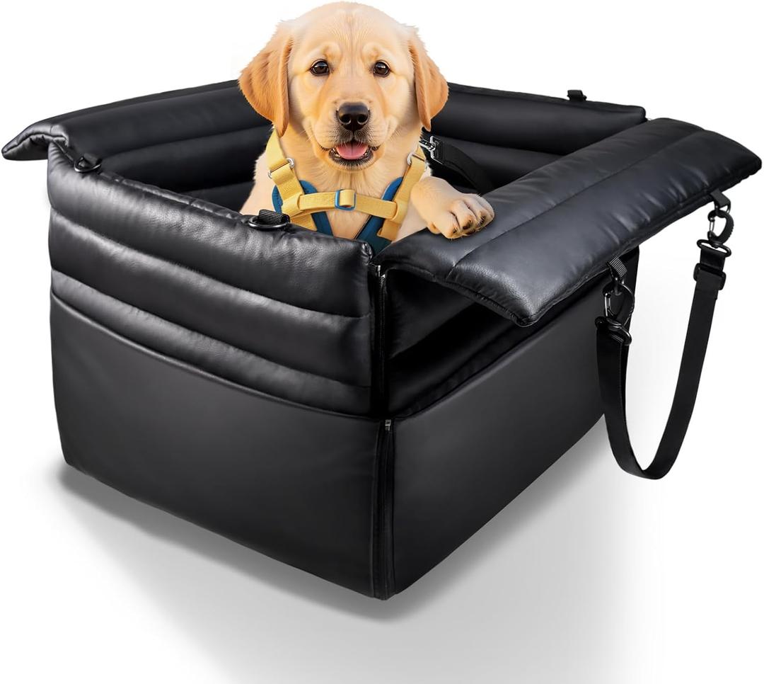 Dog Car Seats for Medium Dogs : Secure & Cushioned Pet Booster for Travel  2-in-1 Foldable Dog Bed for Front or Back Seat, Waterproof PU Leather, Up to 45 lbsBlack