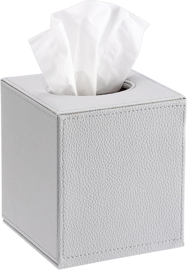 Sumnacon Tissue Box Cover Square Tissue Box Stylish PU Tissue Box Holder with Magnetic Bottom, Leather Cube Tissue Cover for Living Room Bathroom Bedroom Table Desk Home Office Car, Light Grey