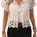 GORGLITTER Women's Tie Front Hollow Out Cardigans Short Sleeve V Neck Pointelle Knit Tops (White, S)