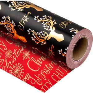 Yarcony Reversible Christmas Wrapping Paper Roll, Black and Gold Wrapping Paper, Vintage Gold Deer Antlers Christmas Gift Wrap with Metallic Shine for Winter Holiday, Craft Supply (17 Inch X 33 Feet)