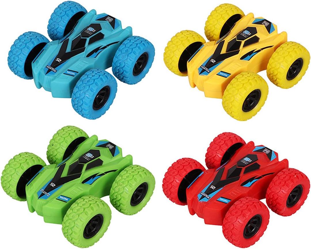 Pull Back Cars Double-Sided Friction Powered Vehicles Flips Shockproof Inertia Cars Pull Cars for Boys Girls Toddler Birthday Gift Age 3+ Years Old( 4PCS)