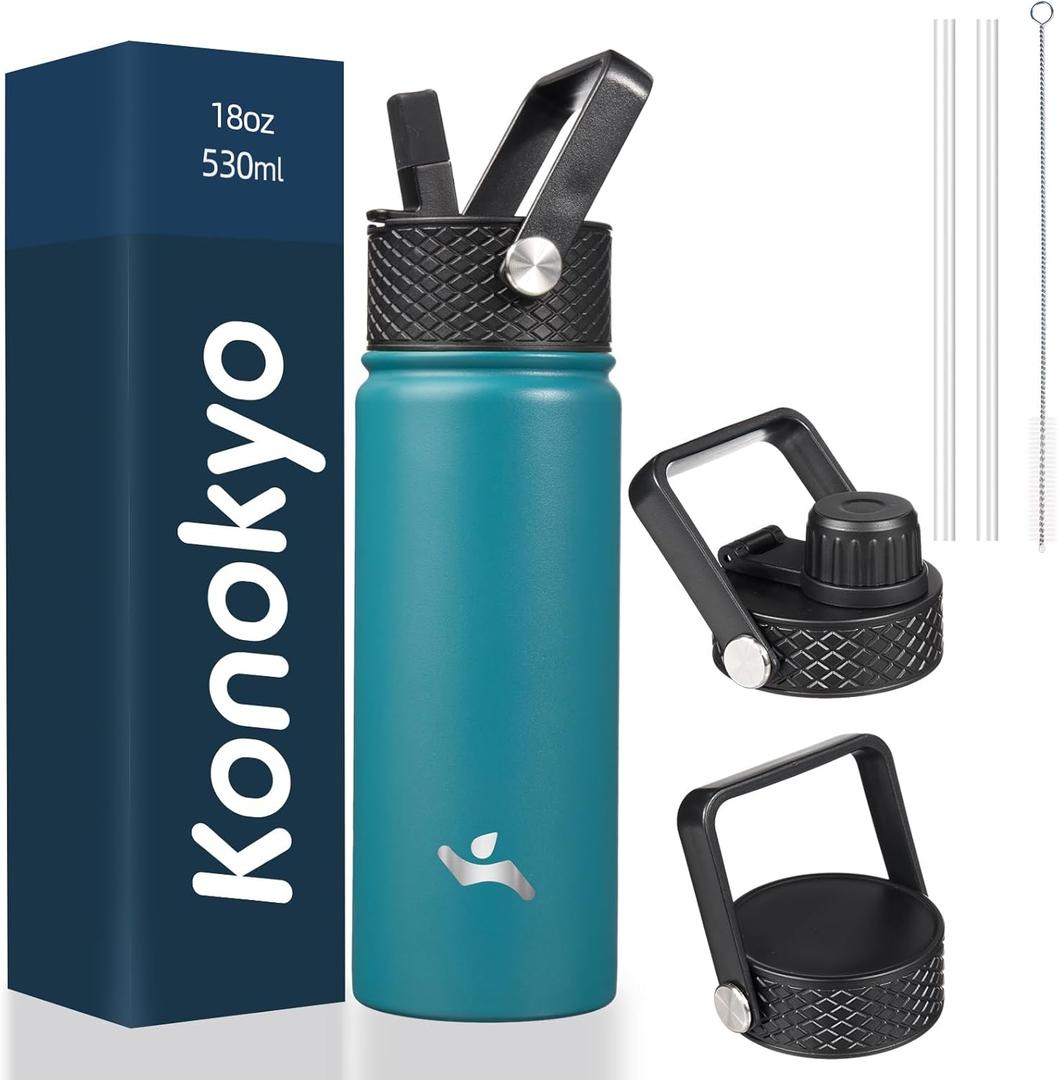 18 oz Insulated Water Bottle Stainless Steel Sport Bottles with 3 Lids,Light Blue