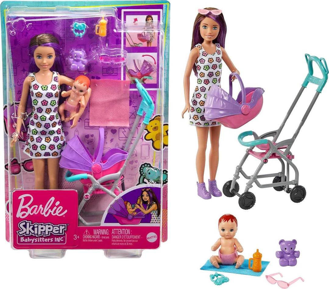 Barbie Skipper Babysitters, Inc. Playset with Skipper Babysitter Doll (Brunette), Stroller, Baby Doll & 5 Accessories, Toy for 3 Year Olds & Up