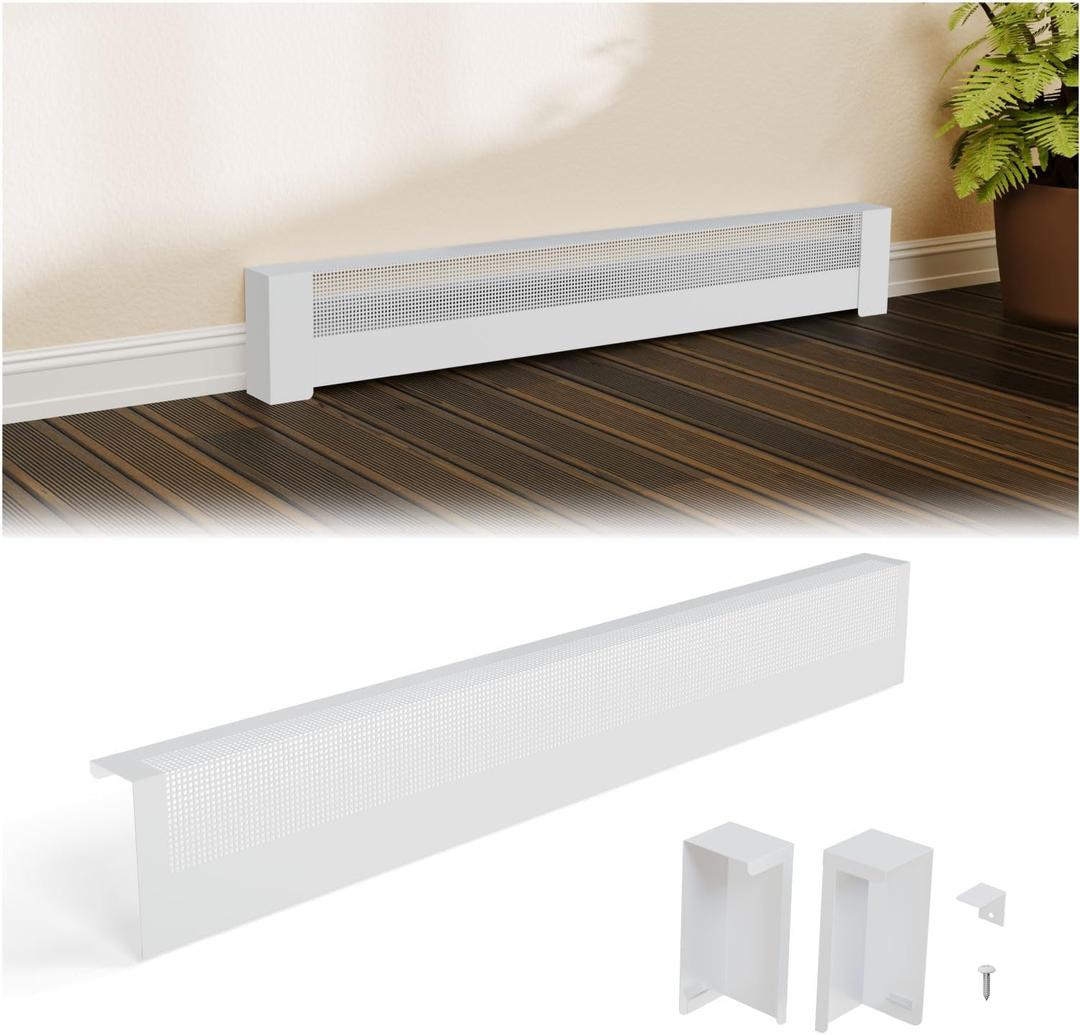 4ft Galvanized Steel Easy Slip-On Baseboard Heater Cover with Left and Right End Caps, High Quality Easy Installation Baseboard Cover Kit for Bathroom and Hydronic Home Heating Systems, BHC4