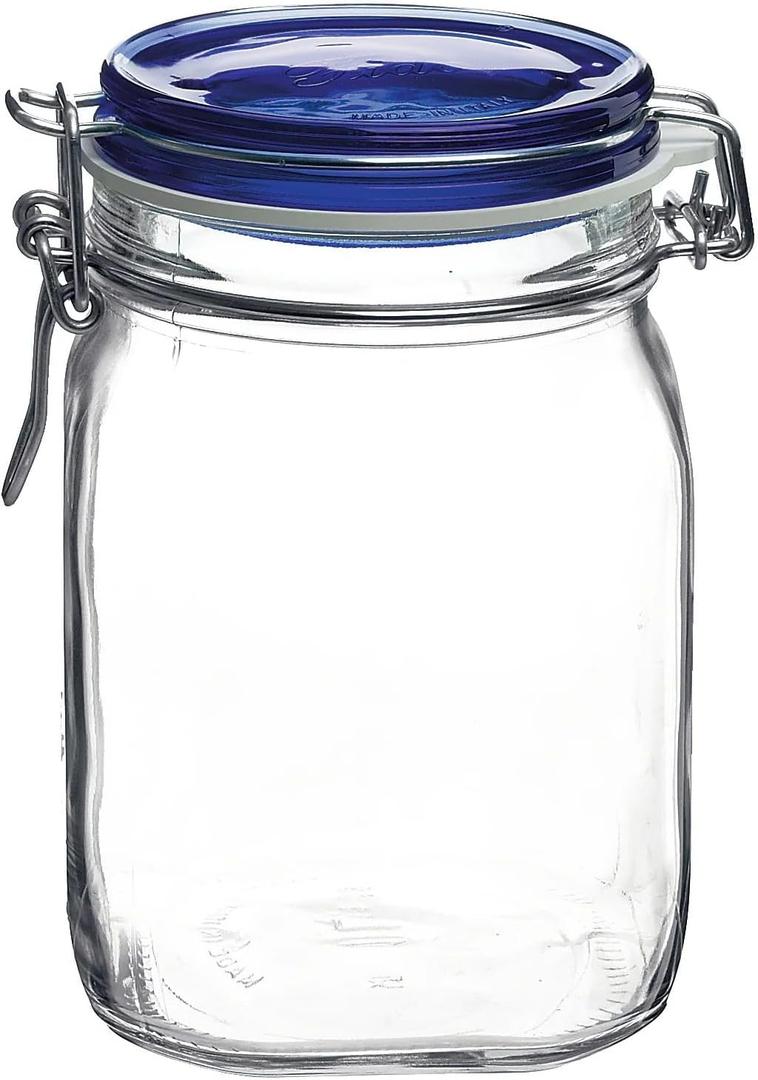 Bormioli Rocco Fido Square Jaw with Blue Lid, 33-3/4-Ounce, 33.75 Ounce, Clear