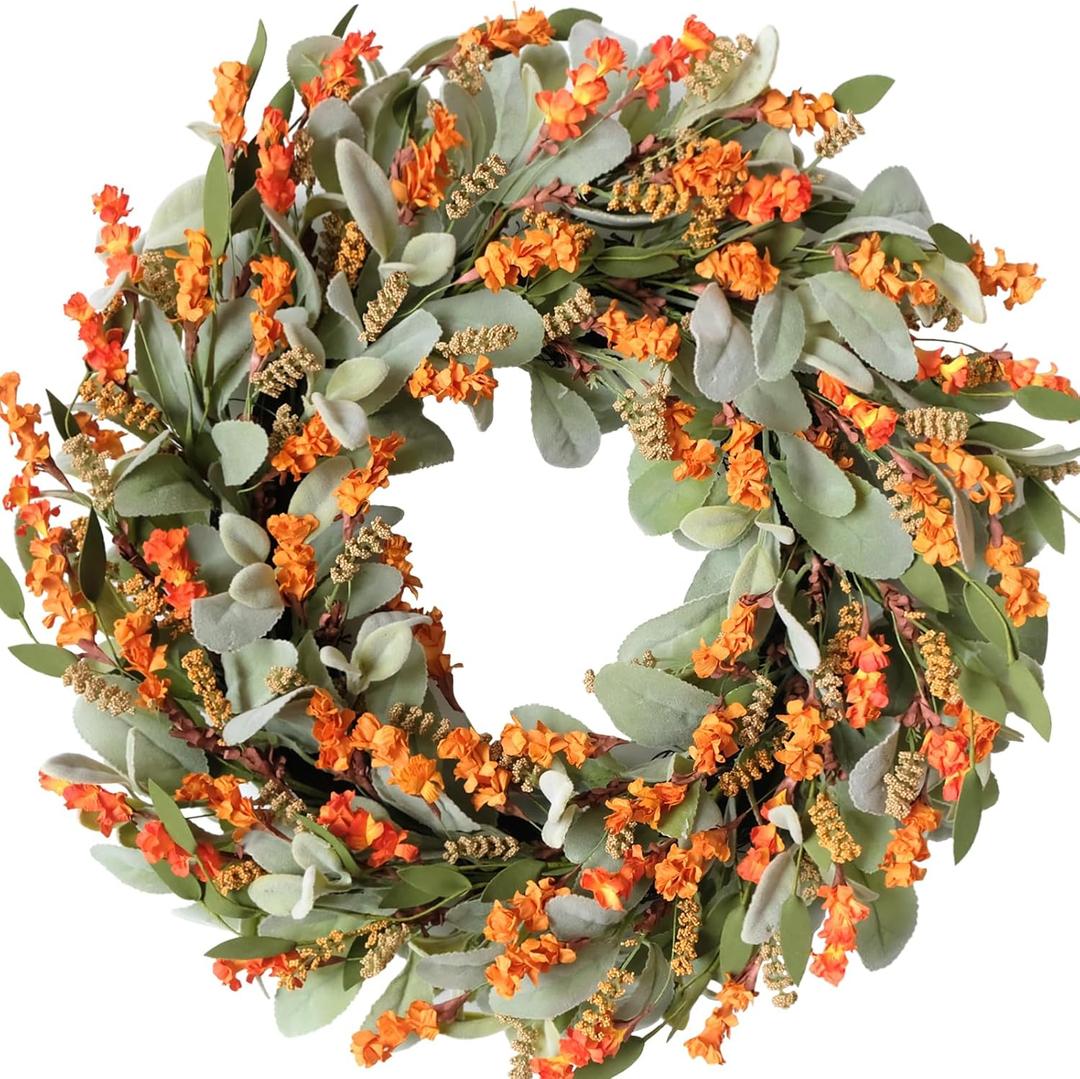 24 Inch Fall Front Door Wreath Decorations, with Pinecone, Maple Leaf, White Flowers, Fall Thanksgiving Decor Indoor Outdoor, for Home Office Party Window Fireplace Decoration