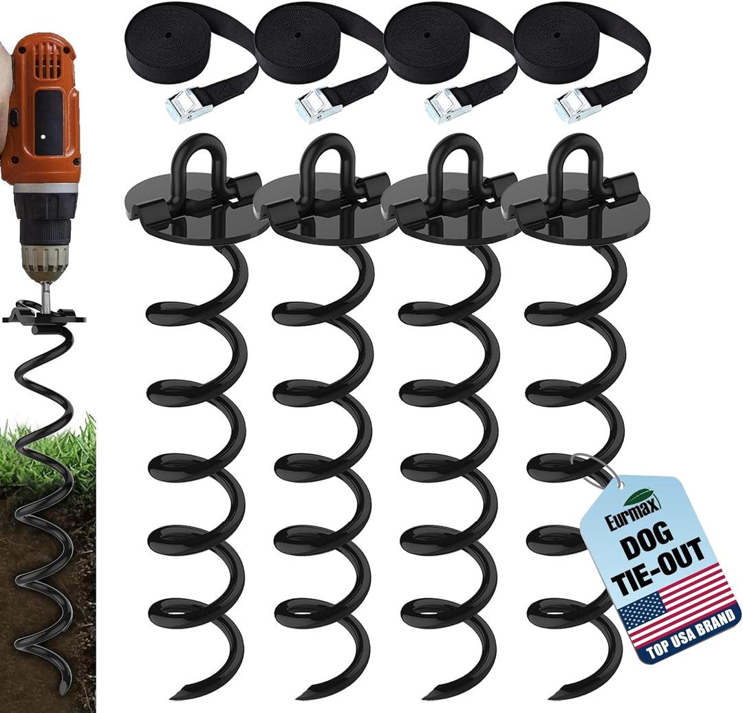Eurmax USA 4-Pc Pack Spiral Stakes Heavy Duty Anchor Kit Ice Screw Anchor for Trampoline, Tents, tarps, Canopies,car Ports,Dog tie Out and etc Bonus Tie Down Straps 4-Pc Pack (Black)