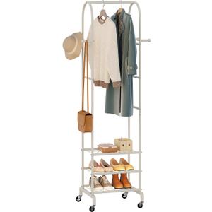Garment Rack with Wheels,Small Metal Coat Rack With 4 Hooks,Freestanding Heavy Duty Clothing Rack with Shoe Shelves,Hanging Rod for Small Space,Bedroom,Entryway, Office, Living Room (White)