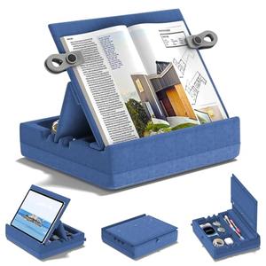 KDD Book Stand for Reading with Storage, Multi-Angle Adjustable Tablet Pillow Holder for Lap, Bed, Desk and Couch, Foldable iPad Holder with Organizer for Book,Tablet, E-Reader (4.7"-15") Blue