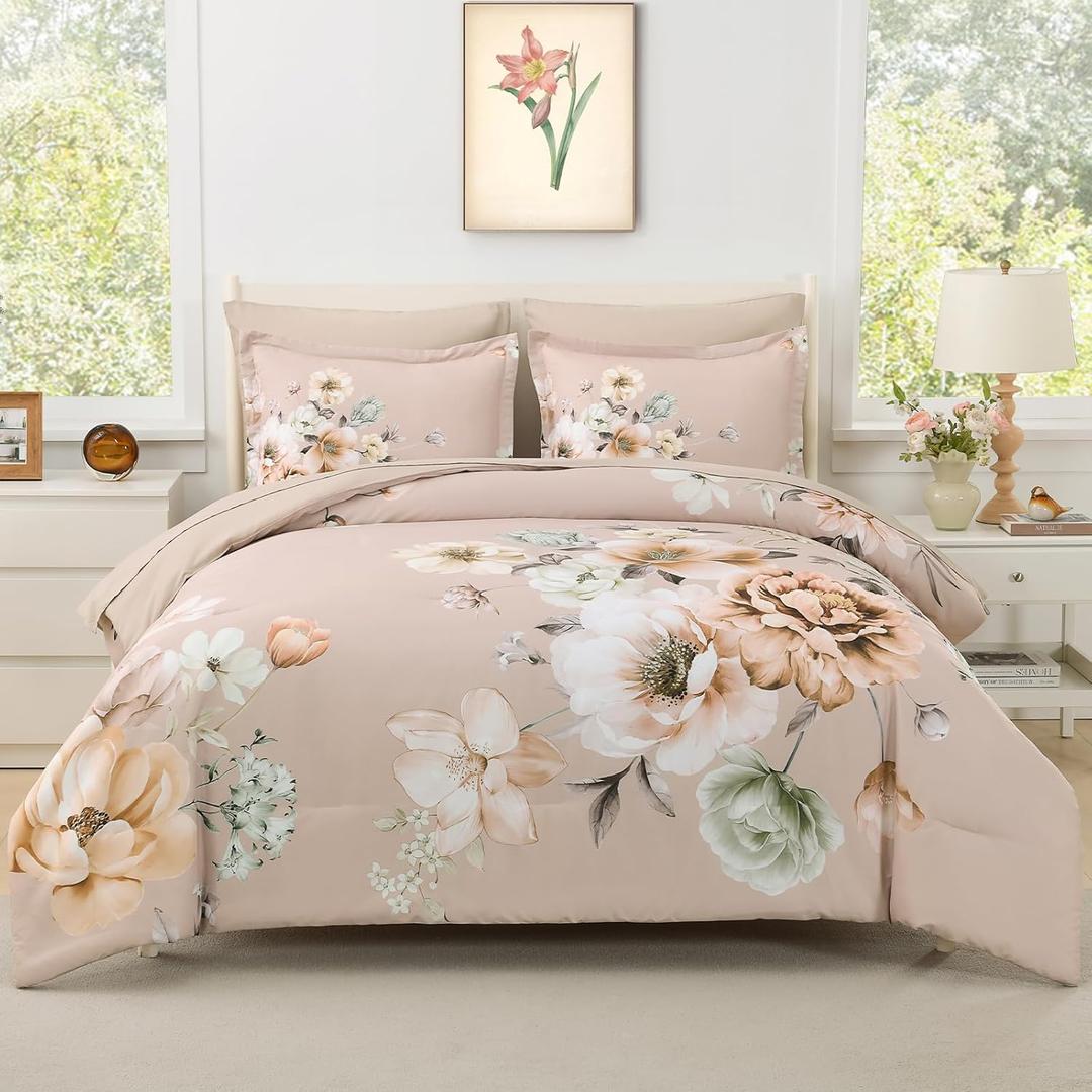 Floral Comforters Queen Size 7 Pieces Botanical Dusty Pink Flower Bed in a Bag Ulter Soft Microfiber Bedding Set, Lightweight Bed Comforter Set with Sheets for All Season (Dusty Pink, Queen)