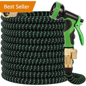 100 ft Expandable Garden Hose with 10 Spray Nozzle - 4 -Layer Latex Core - Heavy Duty Superior Strength 3750D - Expanding Water Hose - Extra Strong Brass Connectors/Storage Bag