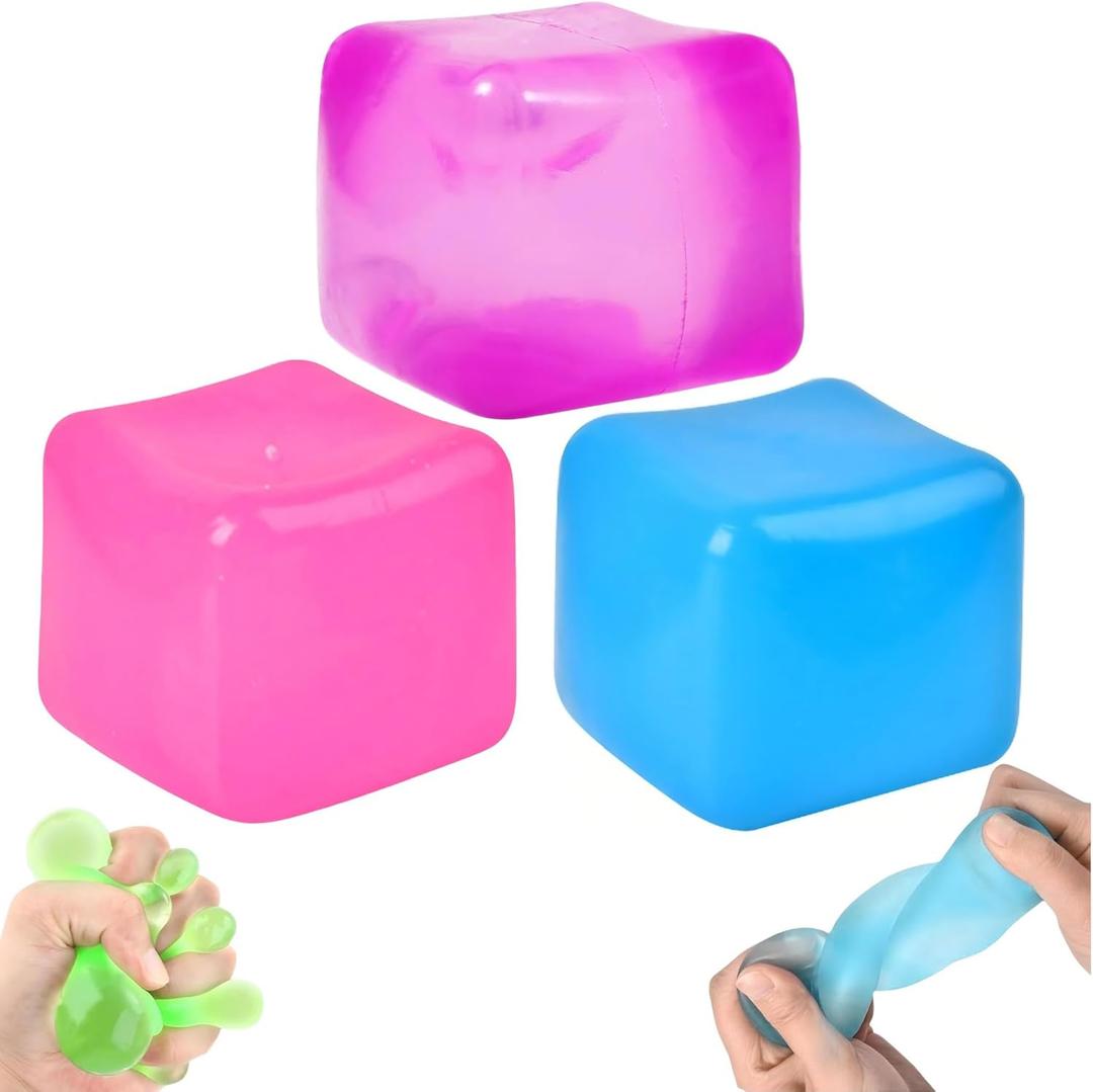 3Pcs Stress Cube Squishy Toys, Slow Rising Ice Cube Stress Balls, Sensory Fidget Toys for Anxiety Relief, Sensory Ice Nee Cube Gel Filled Squishy Ball Toys for ADD/ADHD Kids Adults(Blue, Purple, Pink)