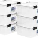 IRIS USA WeatherPro 31 Qt Storage Bins with Lids, 6 Pack, BPA-Free Plastic Gasket Box with Tight Latch and Seal, Stackable Nestable Tote Tub - Clear/Black