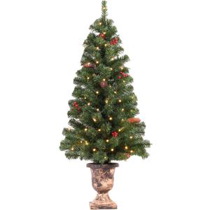 4FT Pre-lit Artificial Potted Christmas Tree with 50 LED LightsSmall Fake Spruce Tree,Xma Pine Cones Tree Decorated with 140 Branch Tips, Pine Cones&Red Berries, Plug in