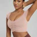 ODODOS Ruched Front Crop Tank for Women V-Neck Cut Out Back Cap Sleeve Cropped Tops, Dusty  (Pink, XL)