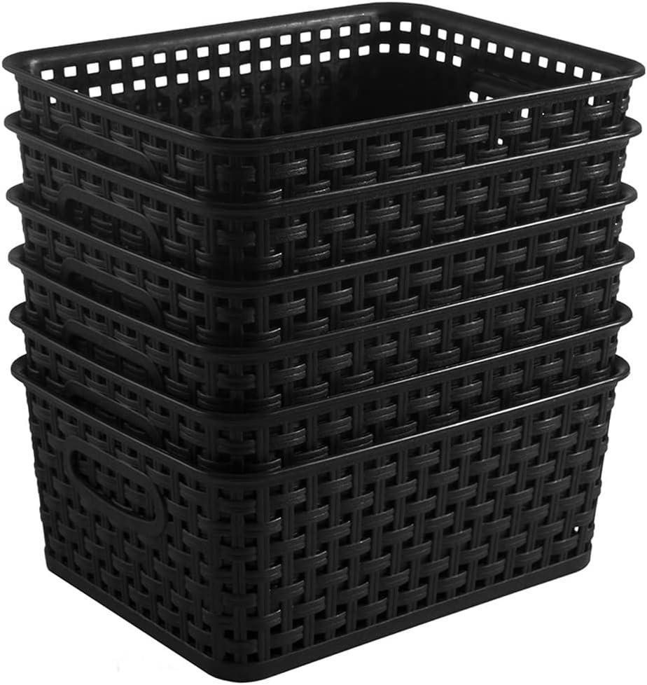 Black Plastic Woven Storage Baskets, 6-Pack Weave Basket Organizer for Kitchen Office Bathroom, 10.08" x 7.48" x 4.06"