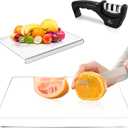 Navea Acrylic Cutting Board with Counter Lip, Clear, Thick Cutting Board for Kitchen Counter Non Slip with Knife Sharpener included, 17.7x13.7 inch Medium, Kitchen Home Essentials, Giftable