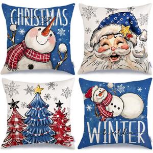 GEEORY Merry Christmas Throw Pillow Covers 16x16 Inch Set of 2, Santa Snowmen Xmas Trees Hello Winter Snowflake Holiday Farmhouse Decorative Cushion Cases for Home Decoration (Blue) 