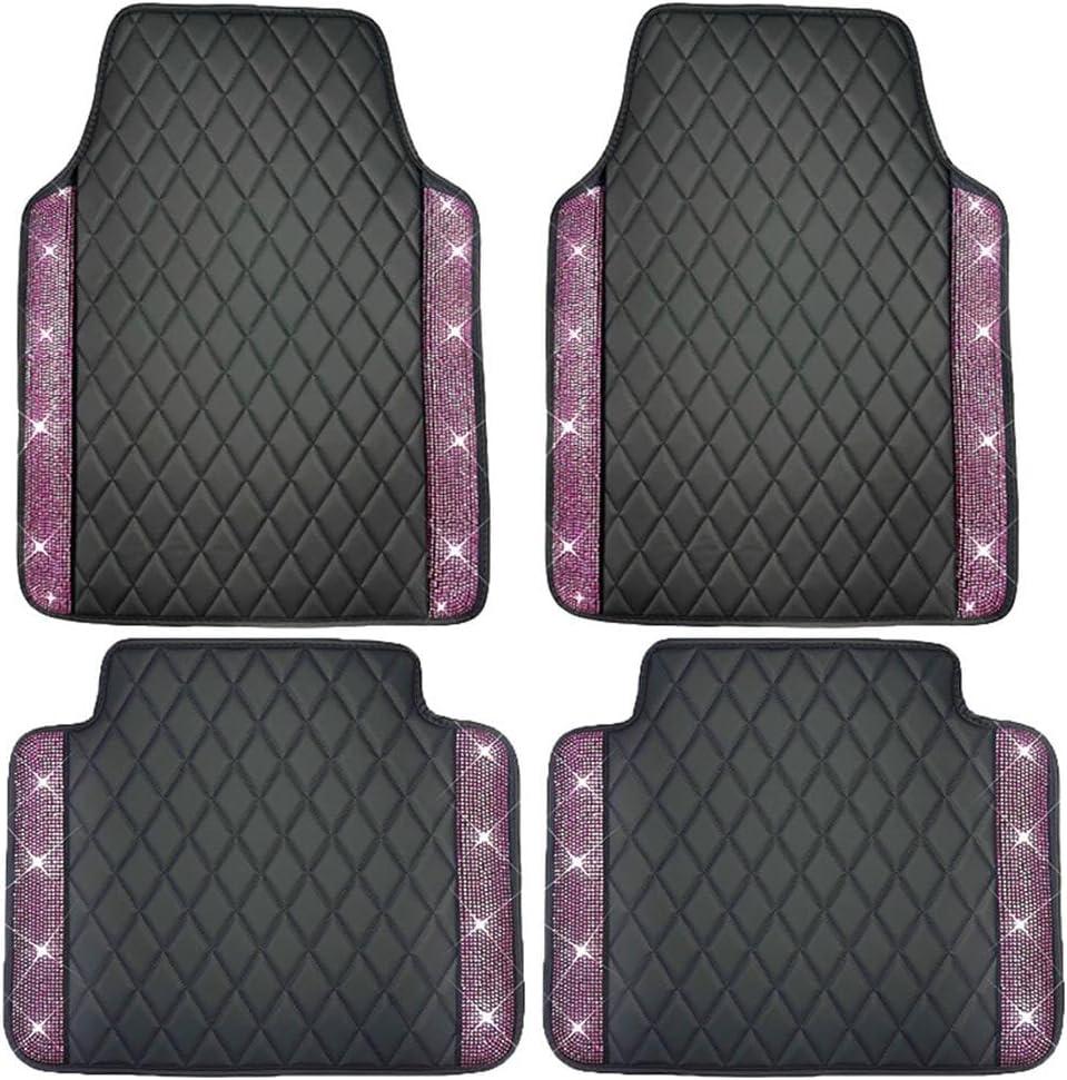 Universal Car Floor Mats,Faux Black Leather with Pink Diamond Carpet Glitter Crystal Rhinestones All Weather Waterproof Auto Liners Foot Pads Set