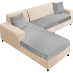 NAISI Sectional Couch Cover 3 Pieces Velvet Separate Couch Cushion Covers L Shape Soft Stretch Sofa Slipcovers with 2pcs Pillowcases for Left/Right Chaise Sectional Couch(2 Seater+1 Chaise,Light Grey)