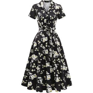 Wedtrend Women's Vintage Tea Dress, Short Sleeve Cocktail Party Dress Work Church Casual Dress (Large, Black White Flower)