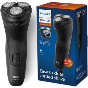 Philips Norelco Shaver 1100 Series, Dry Electric Shaver, 27 Self-Sharpening ComfortCut Blades, 4D Floating Heads, P-Cap, Deep Black, Model S1016/90
