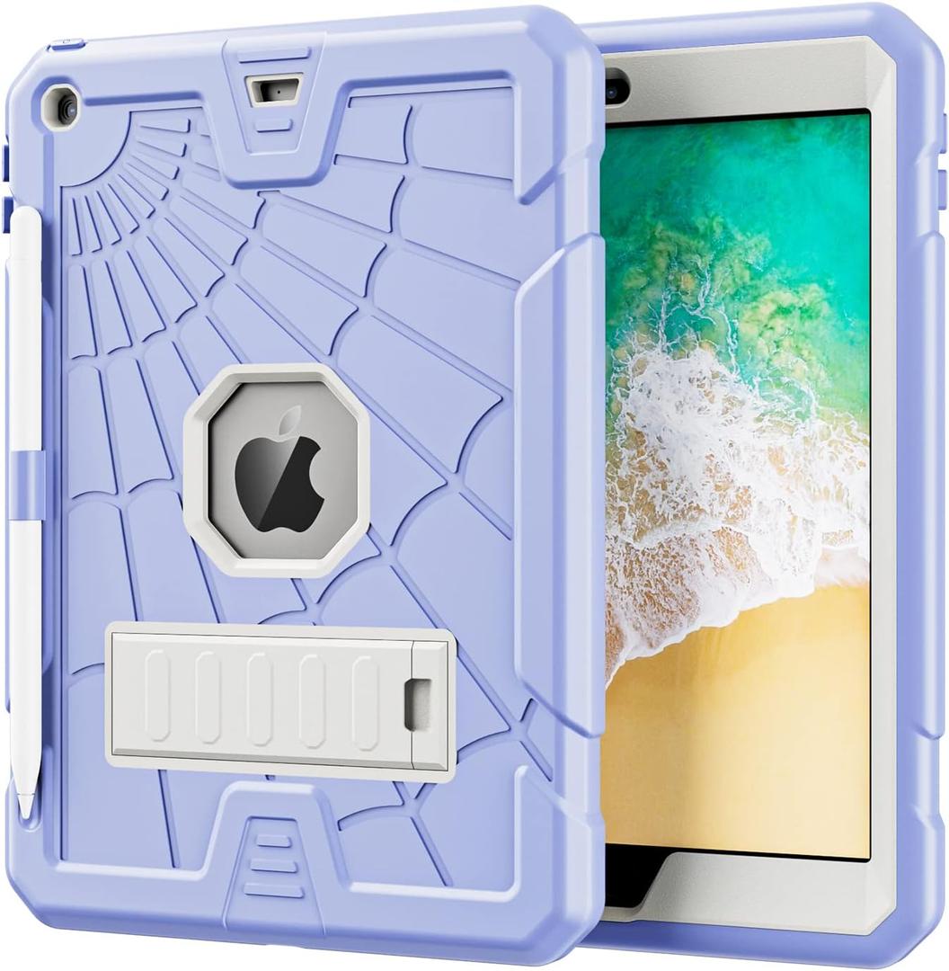 TSQQST Case for iPad 9.7 Inch 2018 2017 Model 6th 5th Generation with Glass Screen Protector | Shockproof Protective iPad Case 6th 5th Gen 9.7" for Kids with Pencil Holder&Stand | Purple
