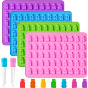 4 PCS Gummy Bear Silicone Molds, 200 Cavity Non-stick Mini Sized Candy Molds with 2 Droppers for Small Gummies, Jello, Hard Candies, Fruit Snacks, Ice Cube