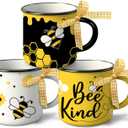 Bumble Bee Themed Spring Summer Mini Coffee Mug Set of 3, Bee Kind Honey Beehive 5 oz Mini Coffee Cups Tiered Tray Decor, Inspirational Kitchen Coffee Bar Decorations Housewarming Gift