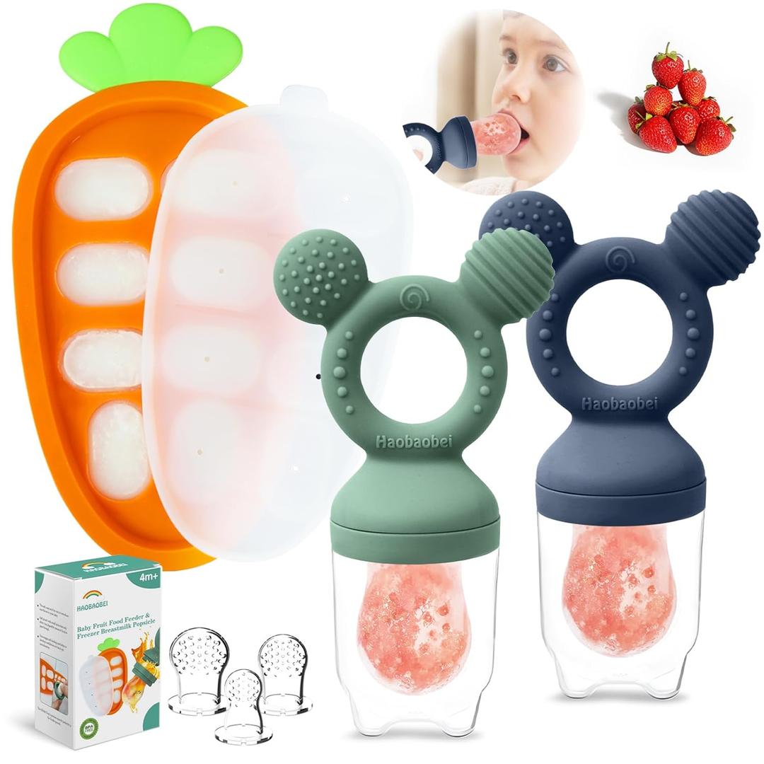 Baby Fruit Feeder Set  3-Size Silicone Teether with Ice Cube Tray | Leakproof Self-Feeder for 3-24 Months | BPA-Free, Dishwasher Safe | Baby-Led Weaning Essential (Green Blue)