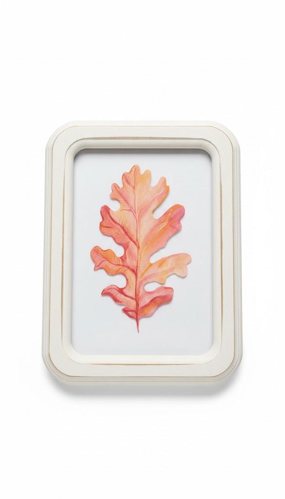 framed piece of decorative home art featuring a watercolor painting of an autumn oak leaf. 30x22 inch