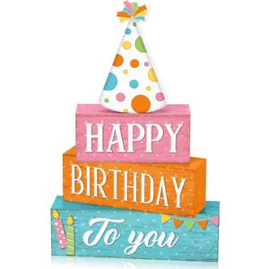 4 Pcs Birthday Table Decor Happy Birthday Wooden Sign Blocks Farmhouse Colorful Tiered Tray Decor Rustic Tabletop Centerpieces for Home Office Desk Shelf Mantel Party Decoration Supplies